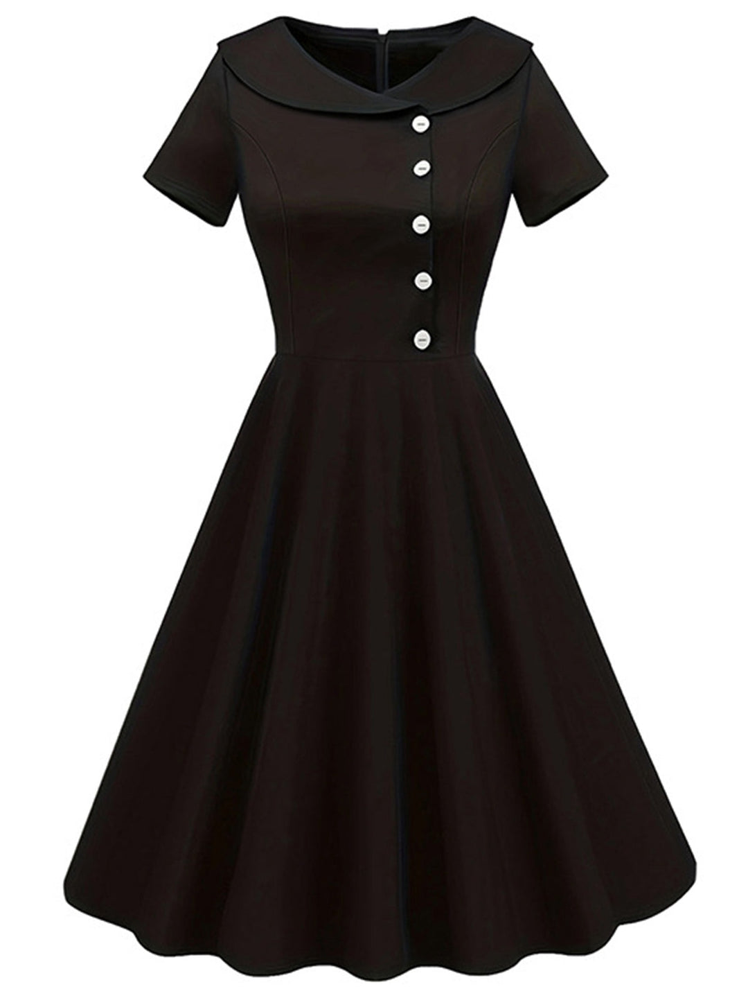 She slips into this Black 1940s Solid Buttoned Lapel Dress and suddenly it&