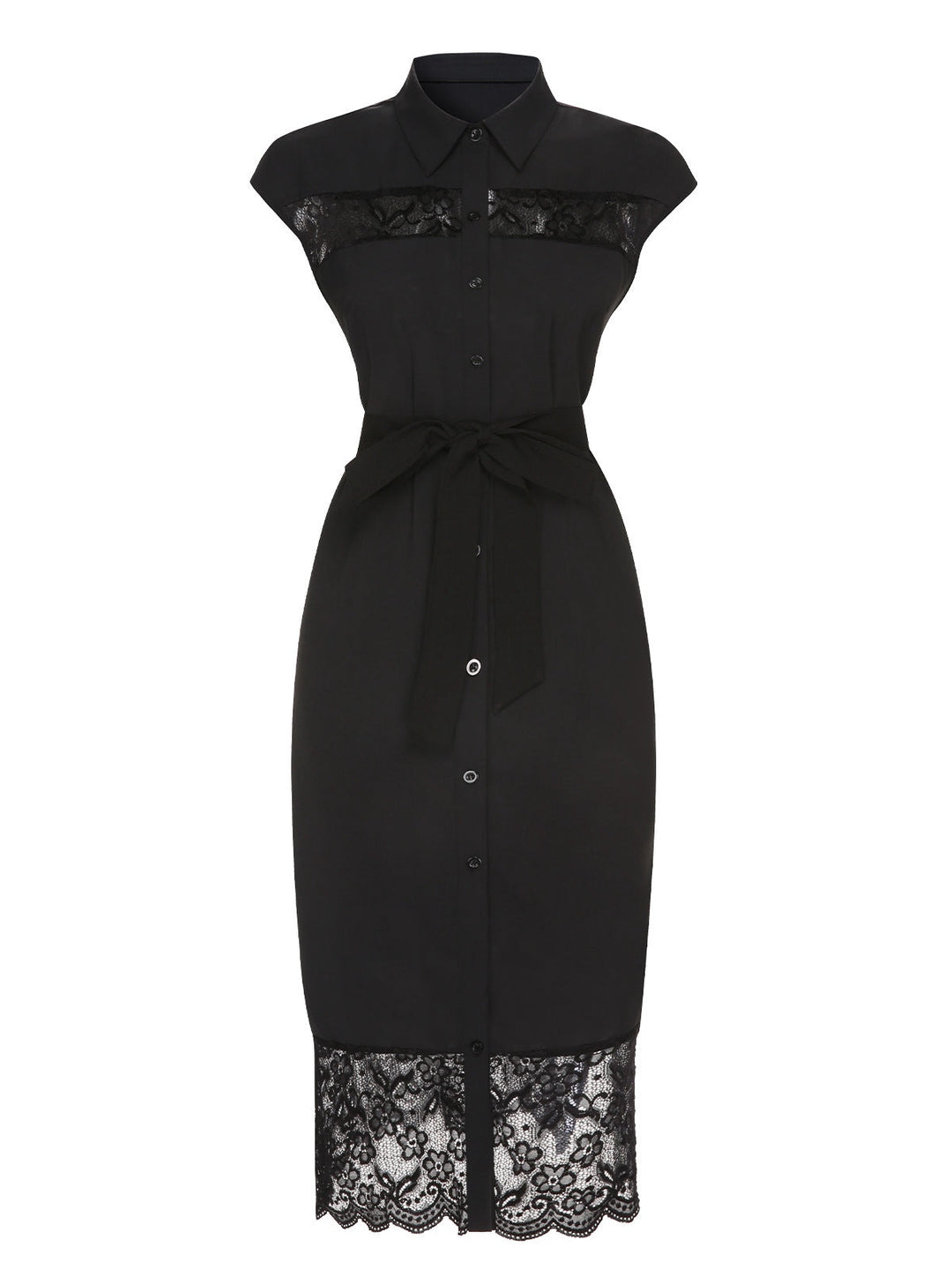 She slips into this Black 1940s Solid Lace Shirt Collar Belted Dress and suddenly it&