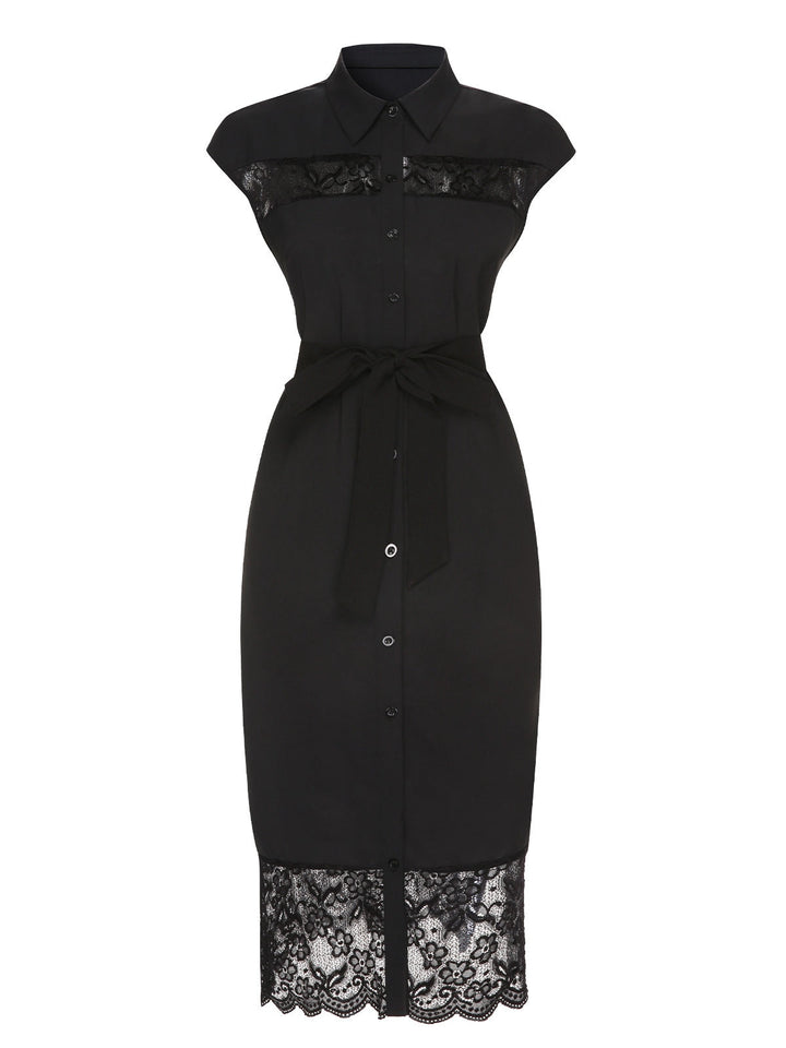 She slips into this Black 1940s Solid Lace Shirt Collar Belted Dress and suddenly it&