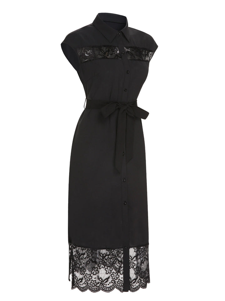 Black 1940s Solid Lace Shirt Collar Belted Dress, vintage dress, retro fashion, lace detail - perfect for women who love vintage and retro fashion