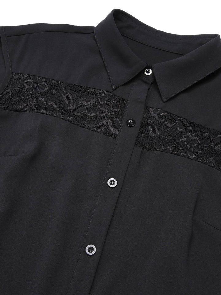 Black 1940s Solid Lace Shirt Collar Belted Dress, vintage dress, retro fashion, lace detail - perfect for women who love vintage and retro fashion