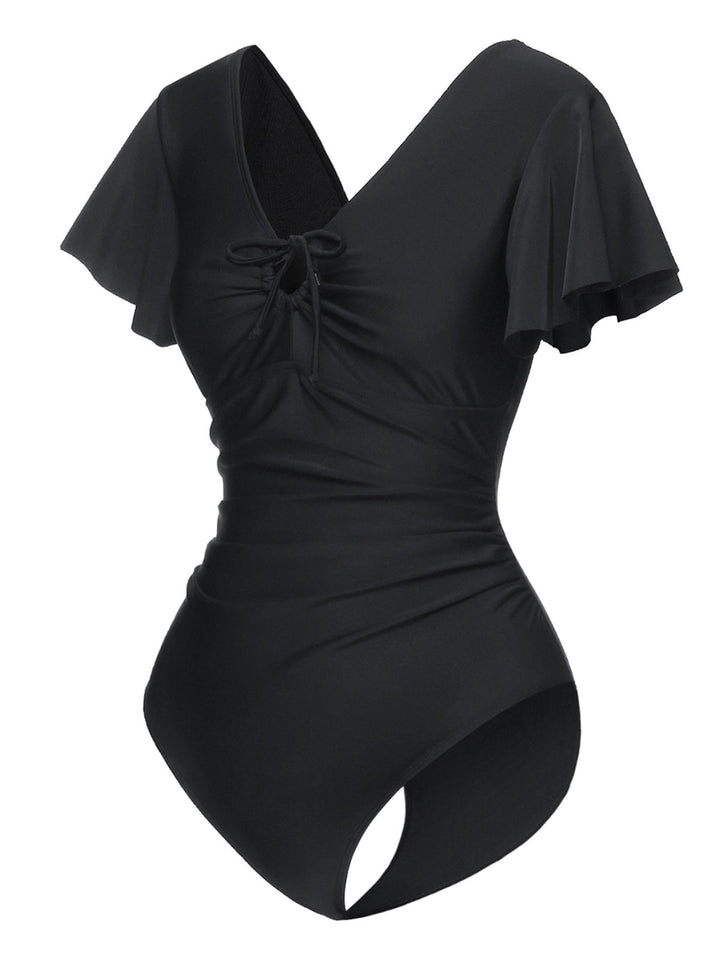Black 1940s Solid Ruffle Sleeves One-Piece Swimsuit: 1940s Riviera elegance, reimagined for her