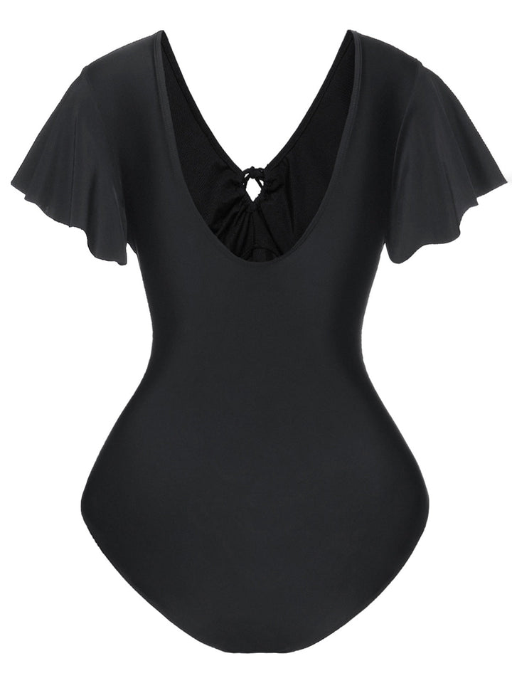 This Black 1940s Solid Ruffle Sleeves One-Piece Swimsuit carries 1940s vacation dreams in every stitch