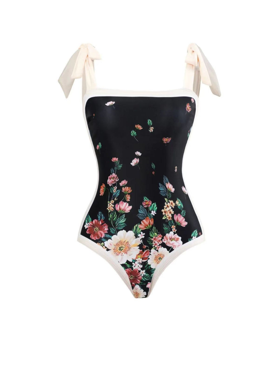 Black 1940s Strap Bow Floral Swimsuit &amp; Cove-Up: 1940s Riviera elegance, reimagined for her