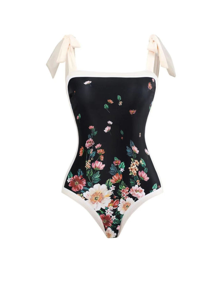 Black 1940s Strap Bow Floral Swimsuit &amp; Cove-Up: 1940s Riviera elegance, reimagined for her