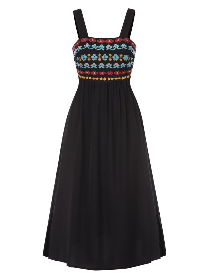 She slips into this Black 1940s Strap Embroidered Floral Maxi Dress and suddenly it&