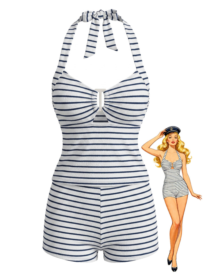 Black Striped Hollow Textured Halter Tankini Set - vintage fashion, retro style for vintage lovers