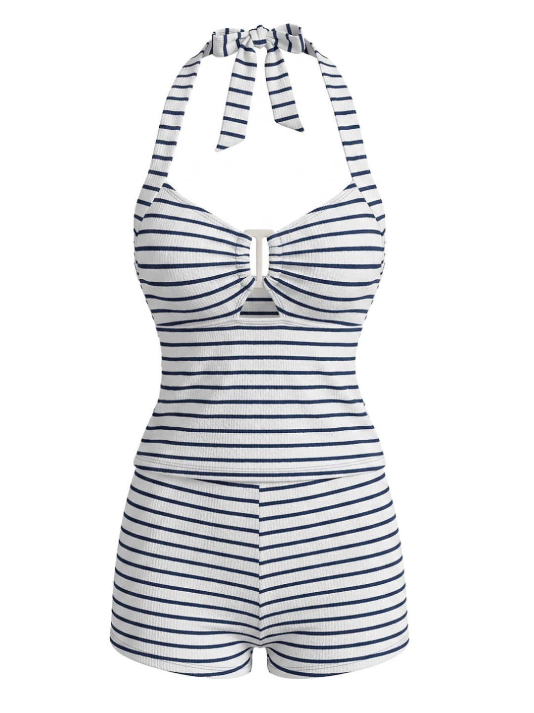 Black Striped Hollow Textured Halter Tankini Set - vintage fashion, retro style for vintage lovers