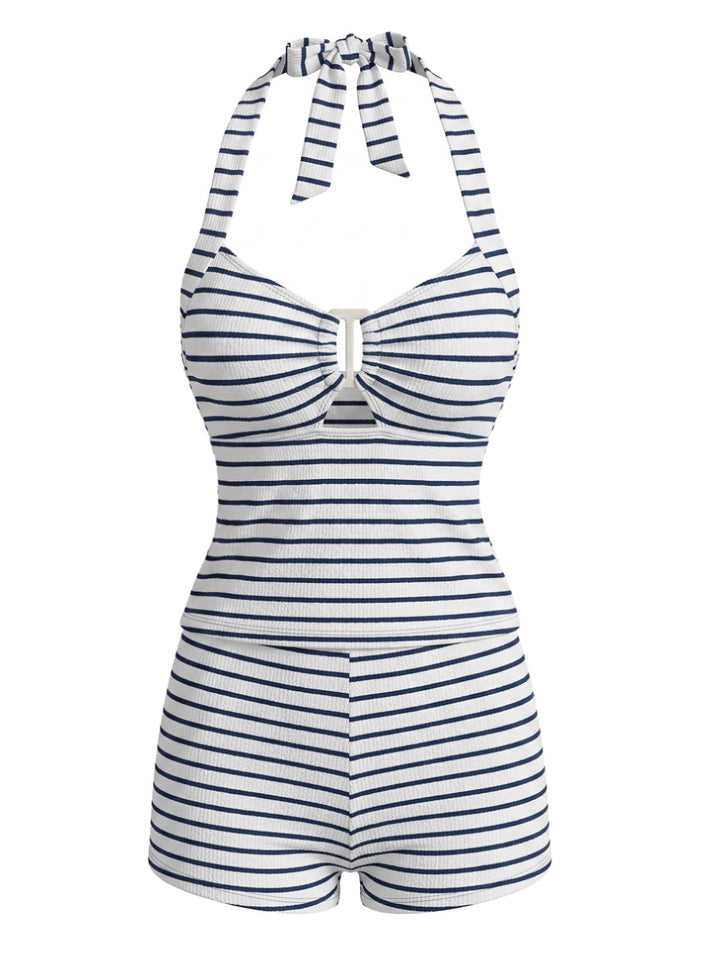 Black Striped Hollow Textured Halter Tankini Set - vintage fashion, retro style for vintage lovers