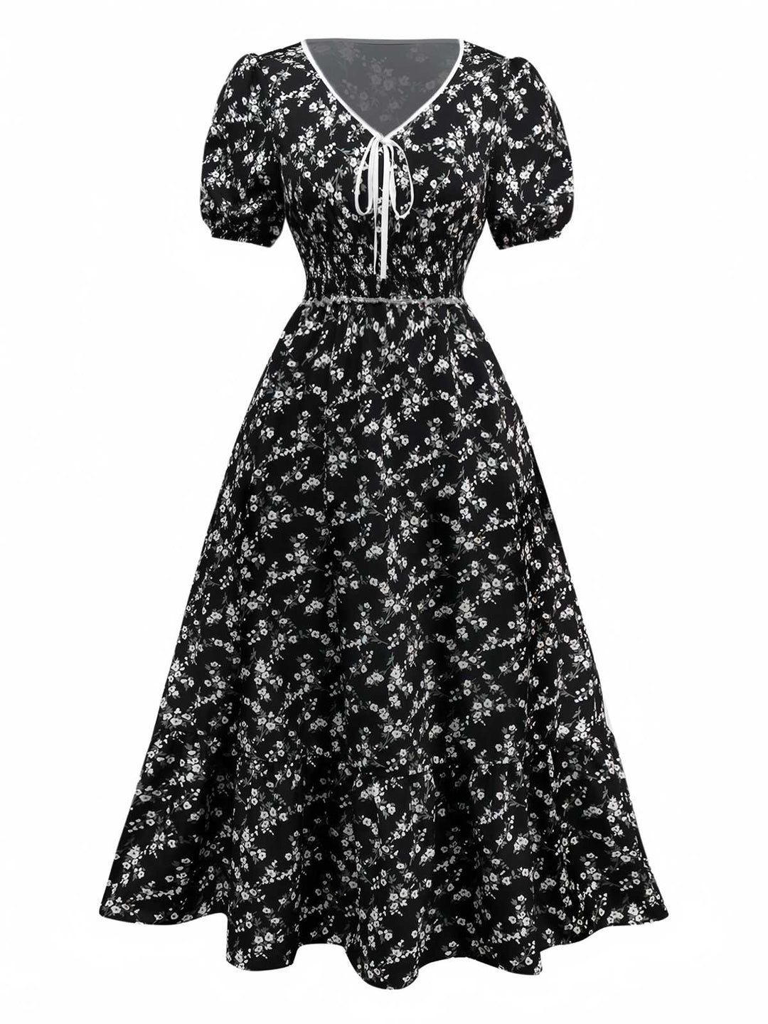 Black 1940s V-Neck Puff Ditsy Floral Dress - vintage dress, retro fashion, classic black