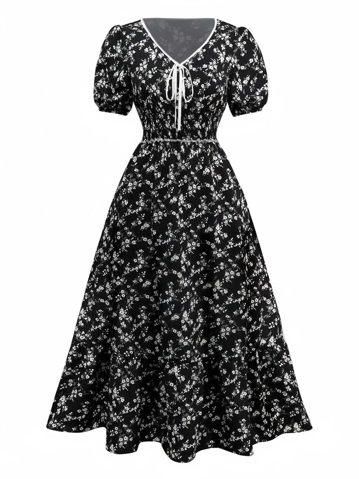 Black 1940s V-Neck Puff Ditsy Floral Dress - vintage dress, retro fashion, classic black