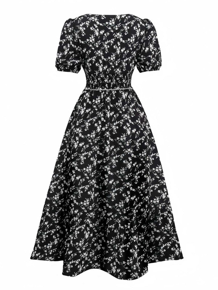 Black 1940s V-Neck Puff Ditsy Floral Dress - vintage dress, retro fashion, classic black