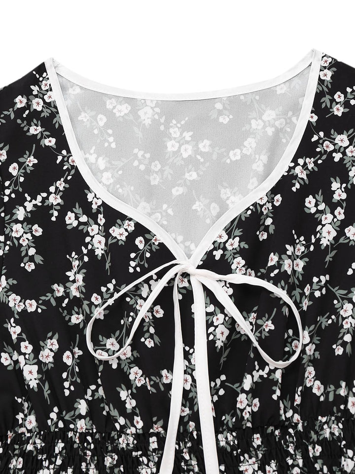 Black 1940s V-Neck Puff Ditsy Floral Dress - vintage dress, retro fashion, classic black