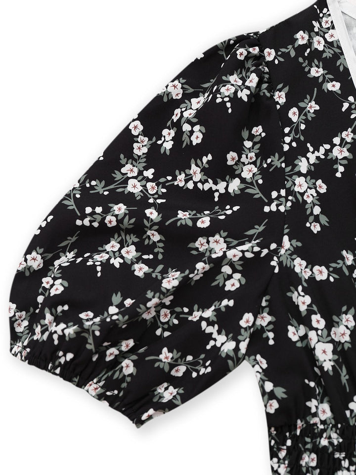 Black 1940s V-Neck Puff Ditsy Floral Dress - vintage dress, retro fashion, classic black