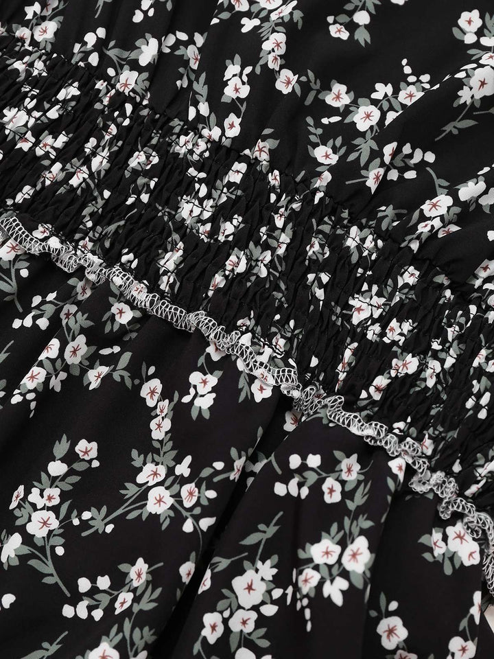 Black 1940s V-Neck Puff Ditsy Floral Dress - vintage dress, retro fashion, classic black