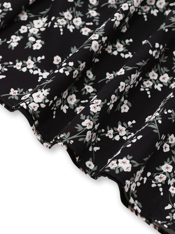 Black 1940s V-Neck Puff Ditsy Floral Dress - vintage dress, retro fashion, classic black