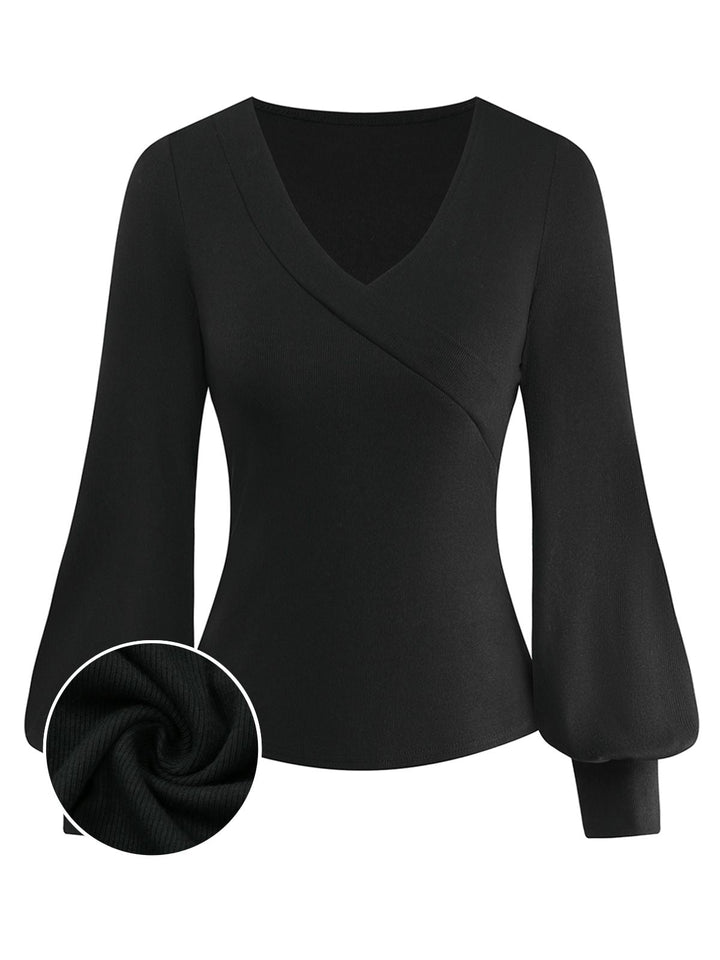 Black 1950S V-Neck Lantern Sleeve Knitted Top - vintage fashion, retro style, classic black