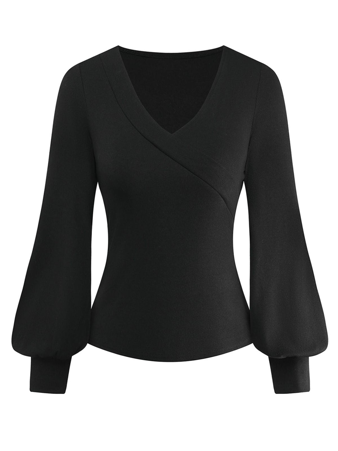 Black 1950S V-Neck Lantern Sleeve Knitted Top - vintage fashion, retro style, classic black