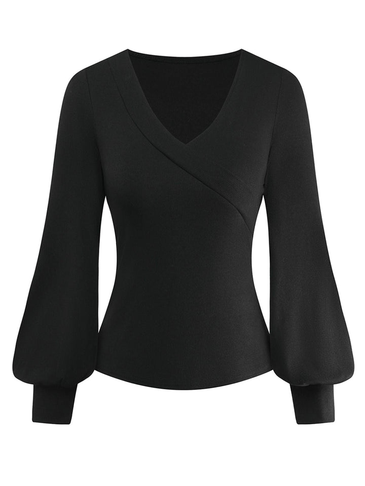 Black 1950S V-Neck Lantern Sleeve Knitted Top - vintage fashion, retro style, classic black