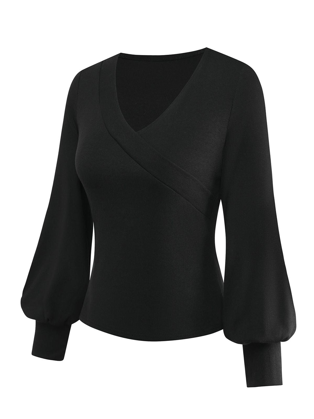 Black 1950S V-Neck Lantern Sleeve Knitted Top - vintage fashion, retro style, classic black