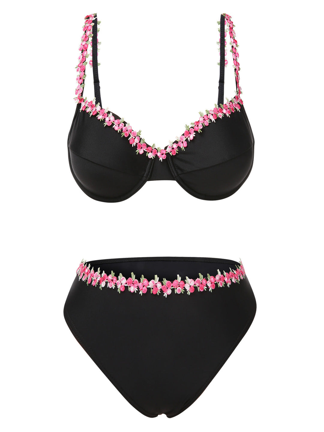 Black 1950s 3D Floral Spaghetti Straps Bikini Set, vintage swimsuit, pin-up swimwear - perfect for women who love vintage and retro fashion