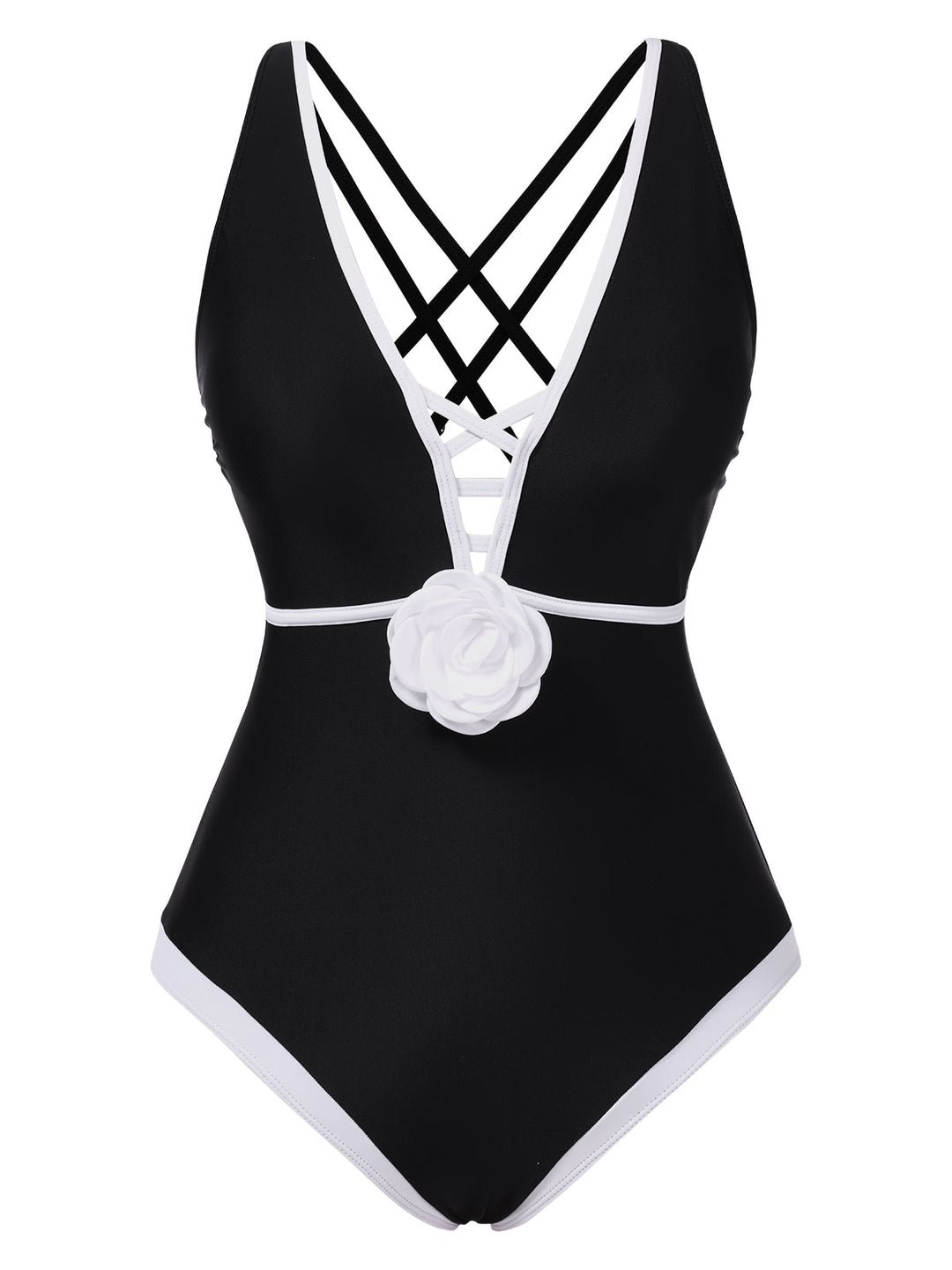 Black 1950s 3D Flower Patchwork One-Piece Swimsuit, vintage swimsuit, pin-up swimwear - perfect for women who love vintage and retro fashion
