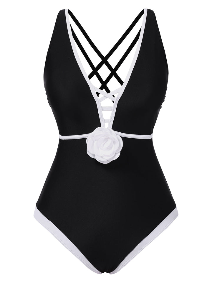 Black 1950s 3D Flower Patchwork One-Piece Swimsuit, vintage swimsuit, pin-up swimwear - perfect for women who love vintage and retro fashion