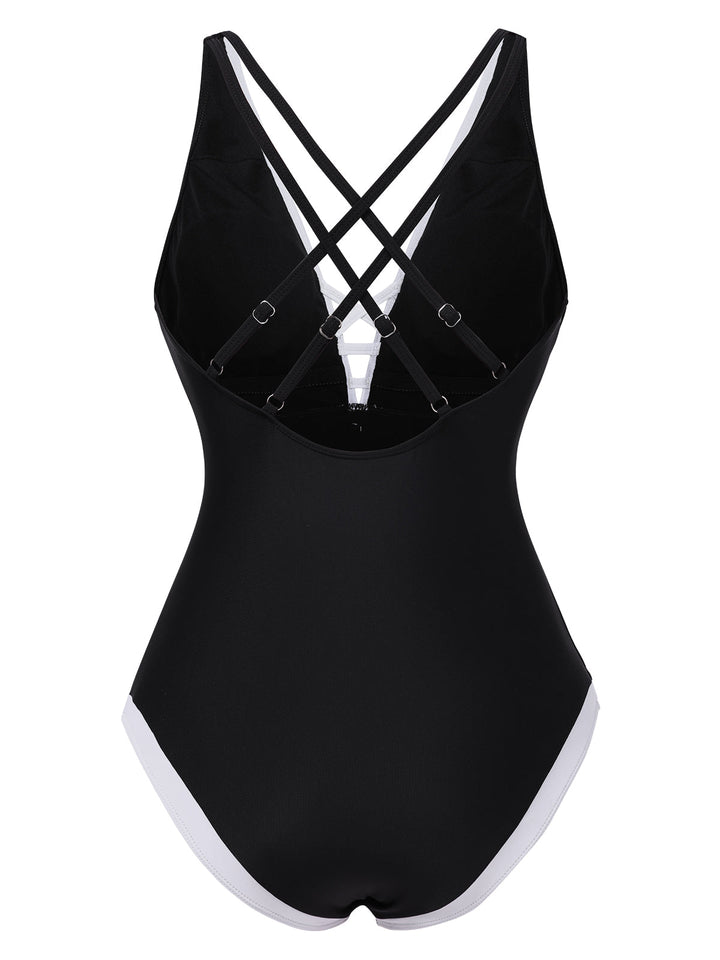 Black 1950s 3D Flower Patchwork One-Piece Swimsuit, vintage swimsuit, pin-up swimwear - perfect for women who love vintage and retro fashion