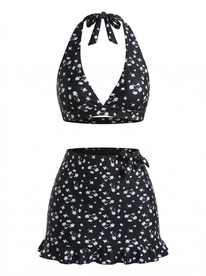 Black 1950s Bikini Floral Tankini Set - vintage fashion, retro style, classic black