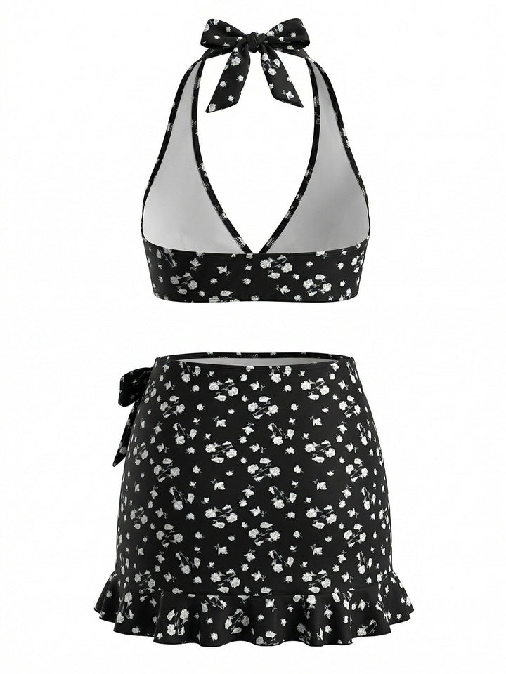 Black 1950s Bikini Floral Tankini Set - vintage fashion, retro style, classic black