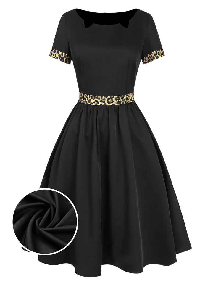 She slips into this Black 1950s Boat Neck Leopard Patchwork Dress and suddenly it&