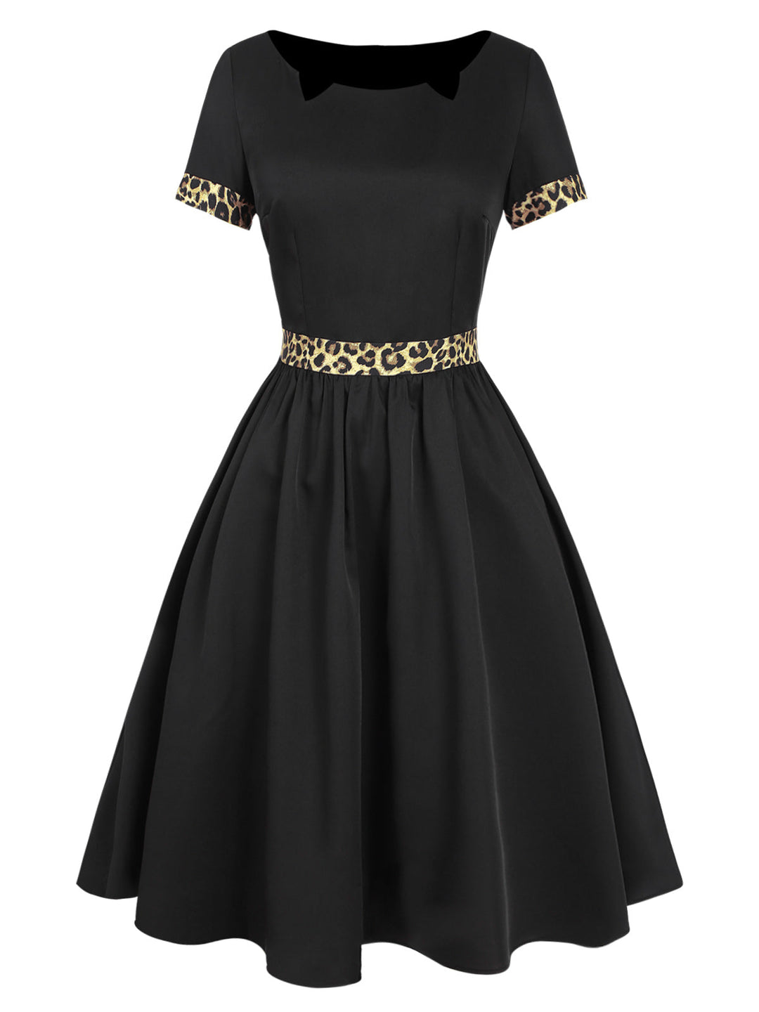 Black 1950s Boat Neck Leopard Patchwork Dress: where 1950s romance meets her modern spirit