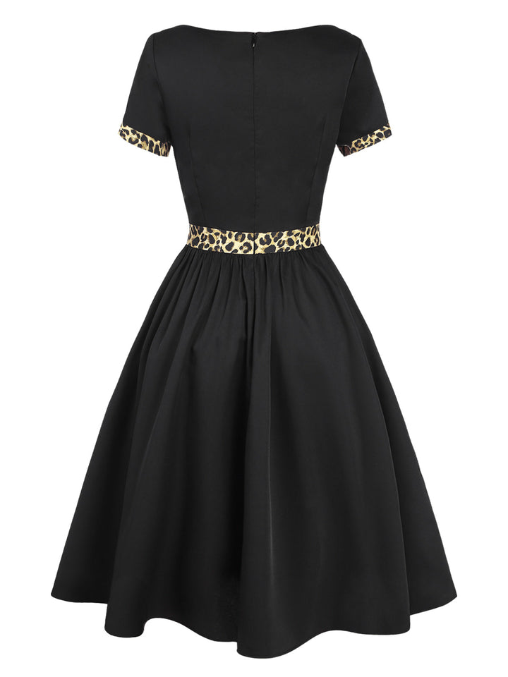 Black 1950s Boat Neck Leopard Patchwork Dress — the kind of 1950s dress that makes strangers smile