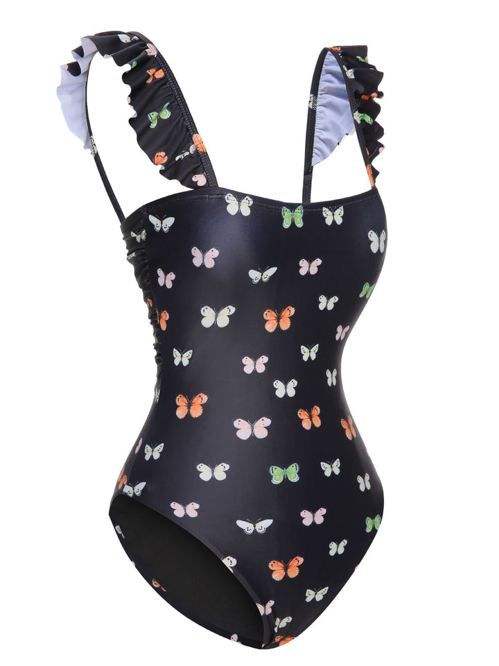 Black 1950s Butterfly Flare Sleeve One-Piece Swimsuit, vintage swimsuit, pin-up swimwear - perfect for women who love vintage and retro fashion