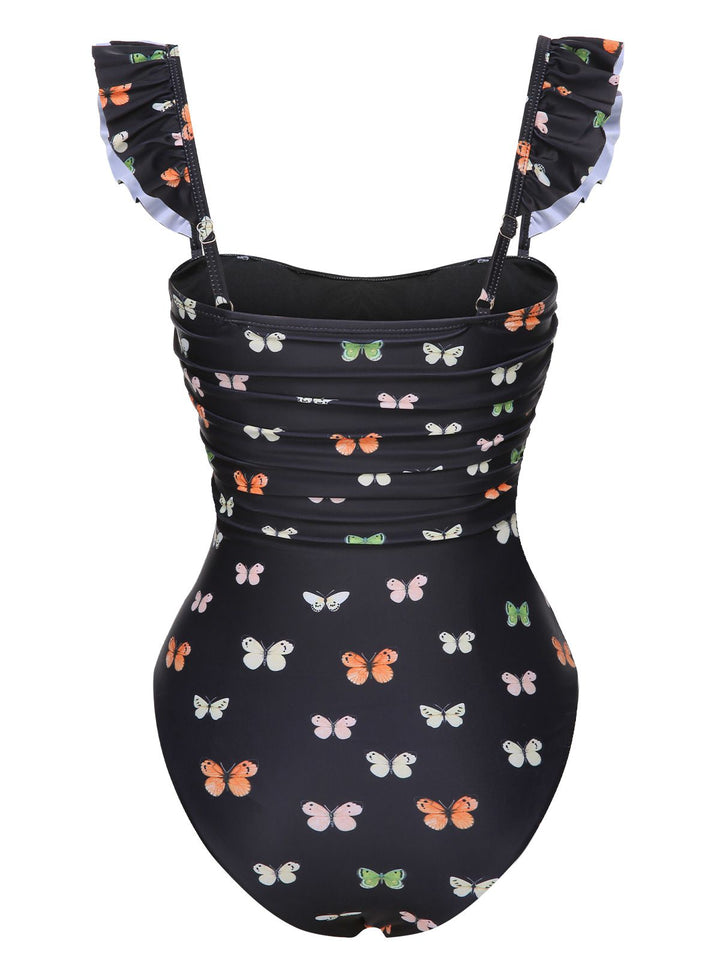 Black 1950s Butterfly Flare Sleeve One-Piece Swimsuit, vintage swimsuit, pin-up swimwear - perfect for women who love vintage and retro fashion