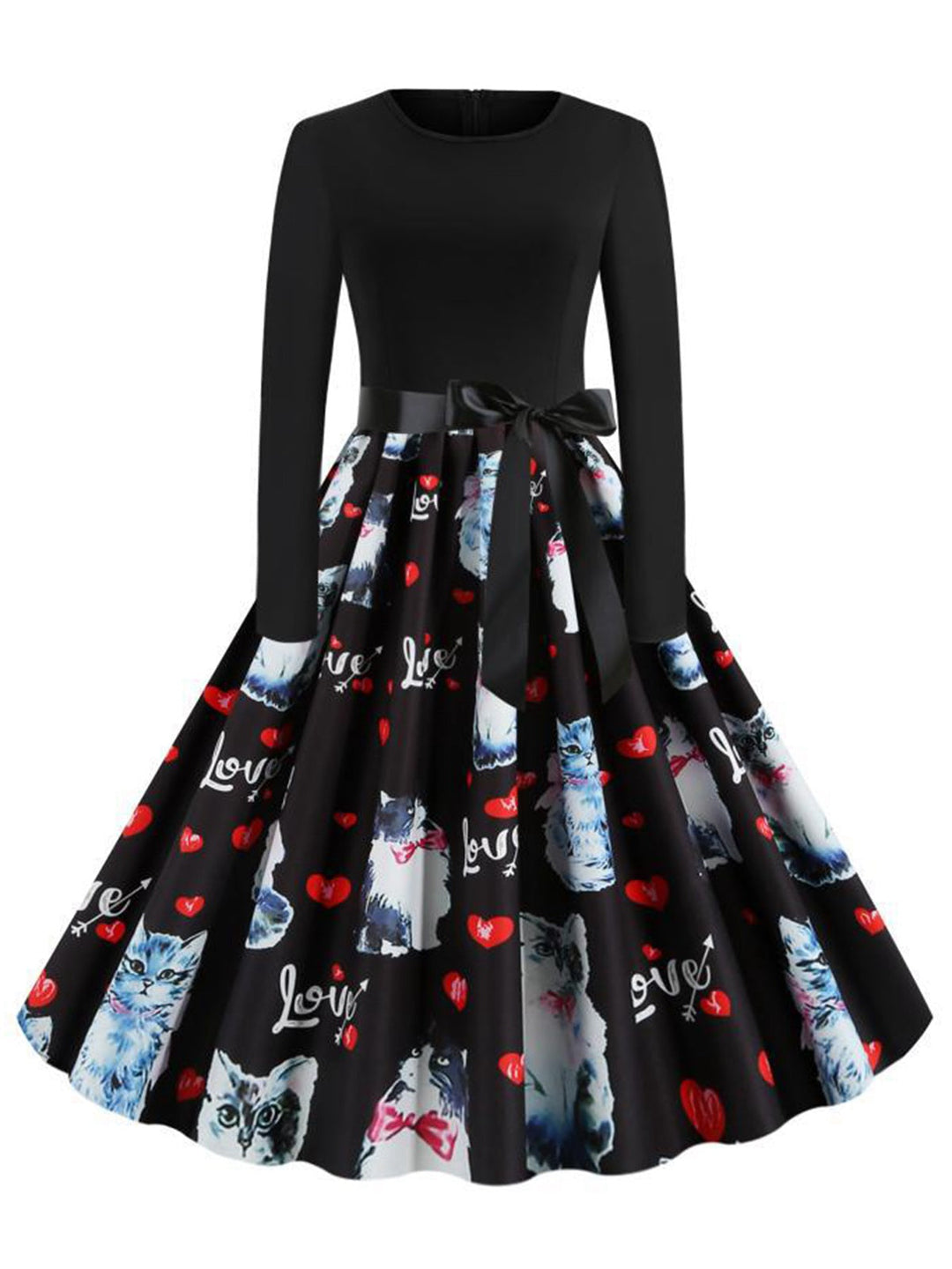 She slips into this Black 1950s Cat Heart Belted Dress and suddenly it&