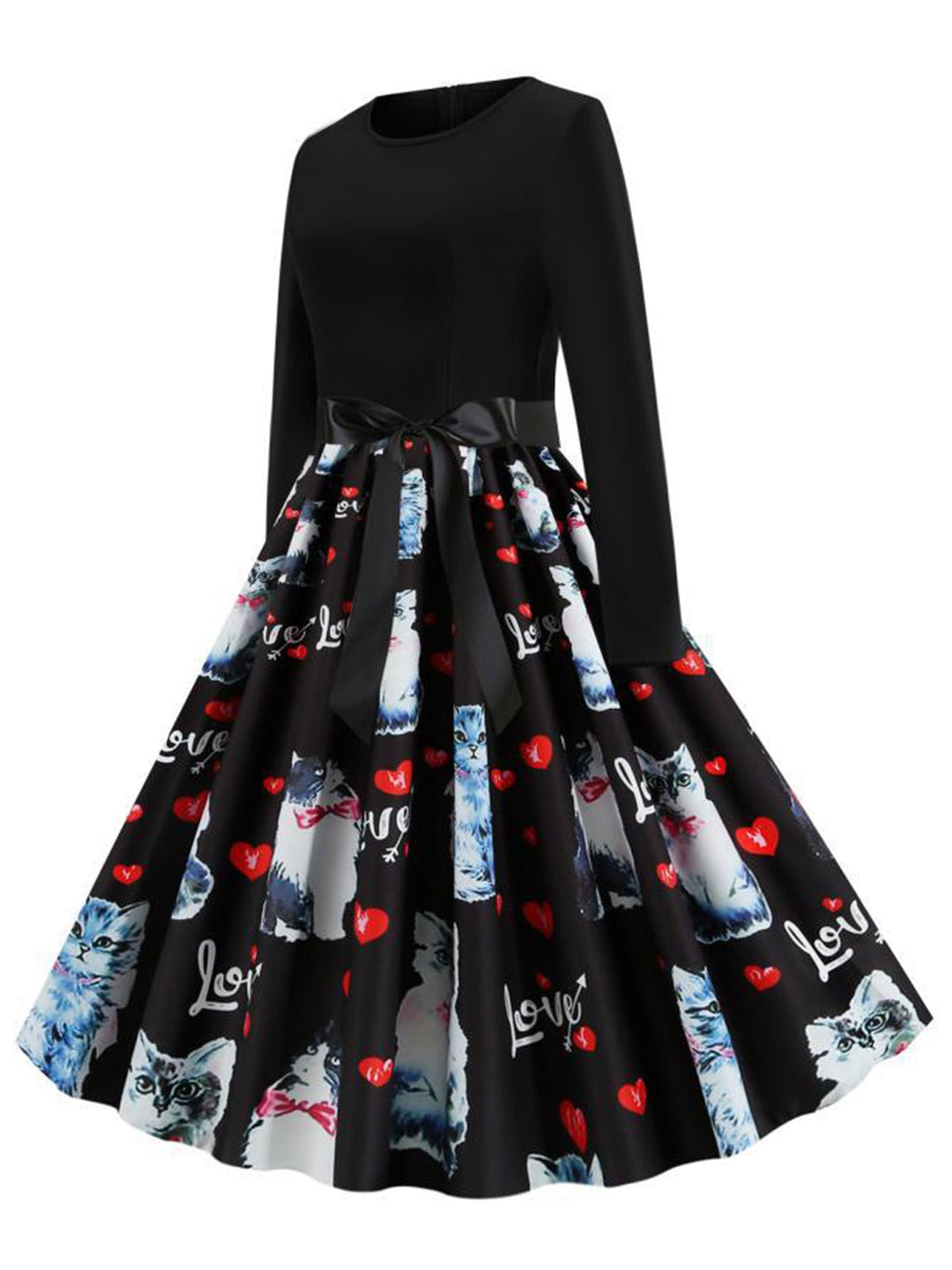 Black 1950s Cat Heart Belted Dress: where 1950s romance meets her modern spirit