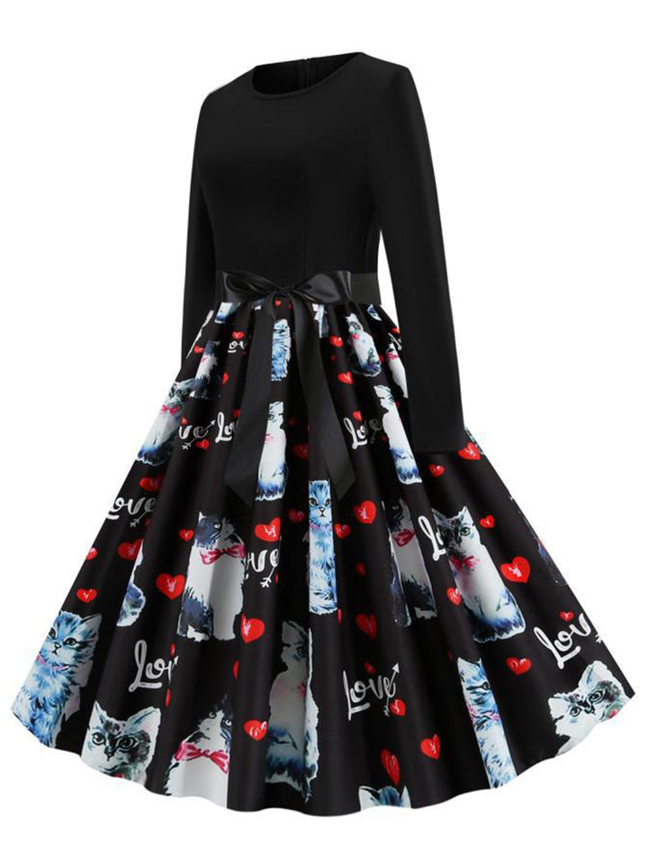 Black 1950s Cat Heart Belted Dress: where 1950s romance meets her modern spirit