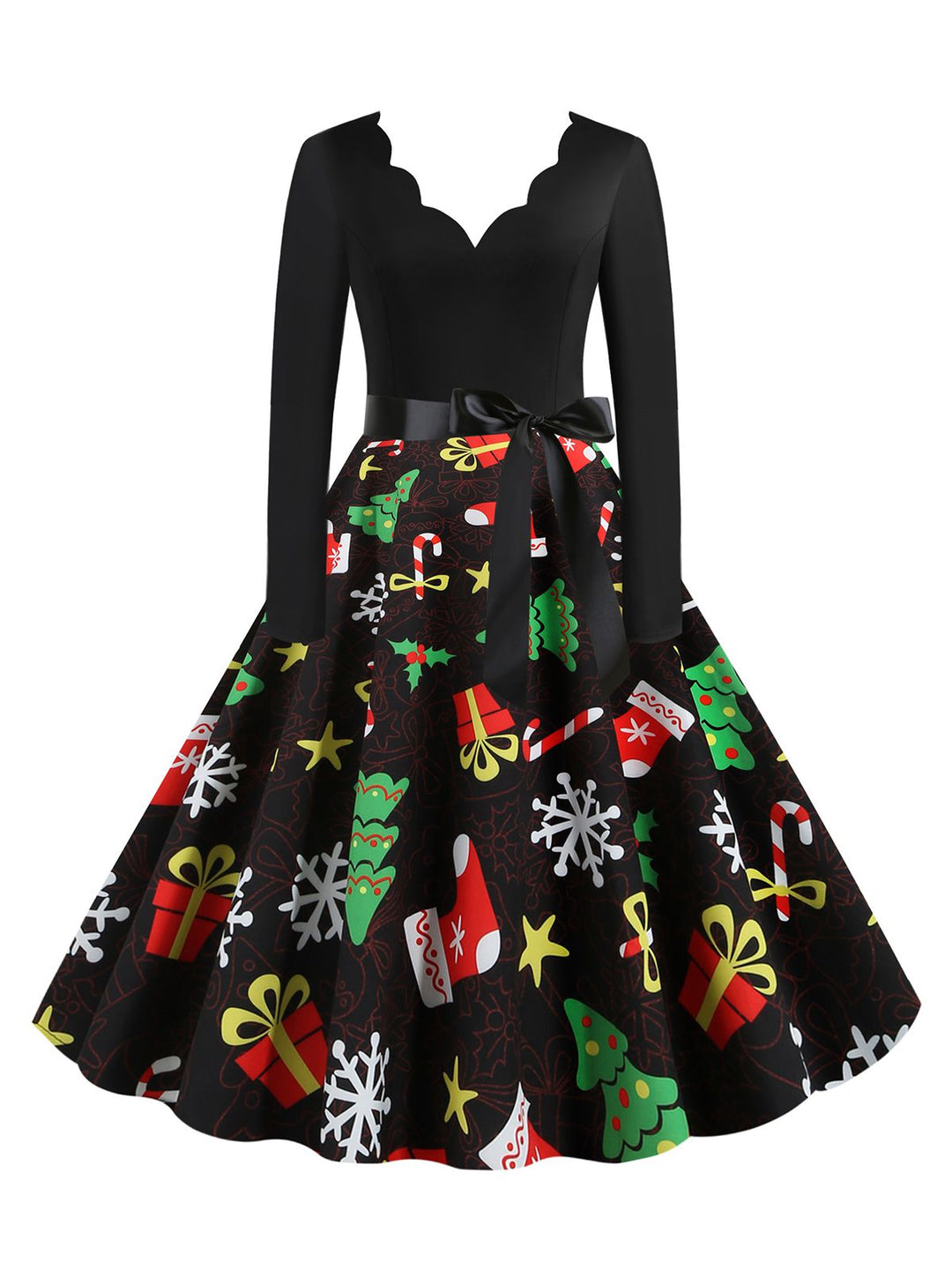 She slips into this Black 1950s Christmas Gift Tree Belted Dress and suddenly it&