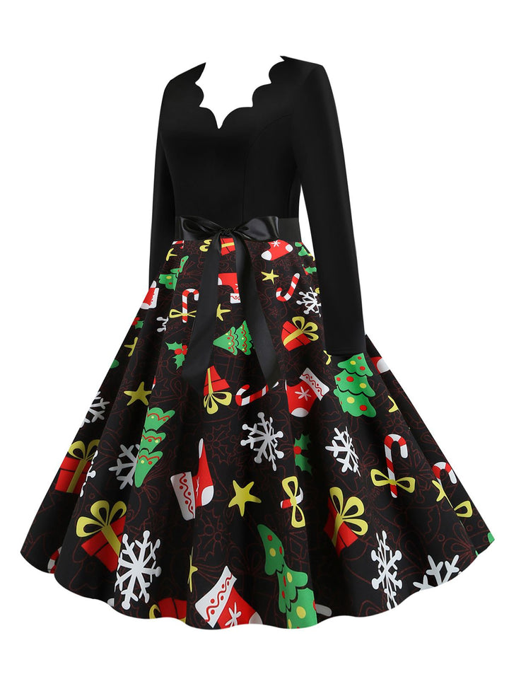Black 1950s Christmas Gift Tree Belted Dress: where 1950s romance meets her modern spirit