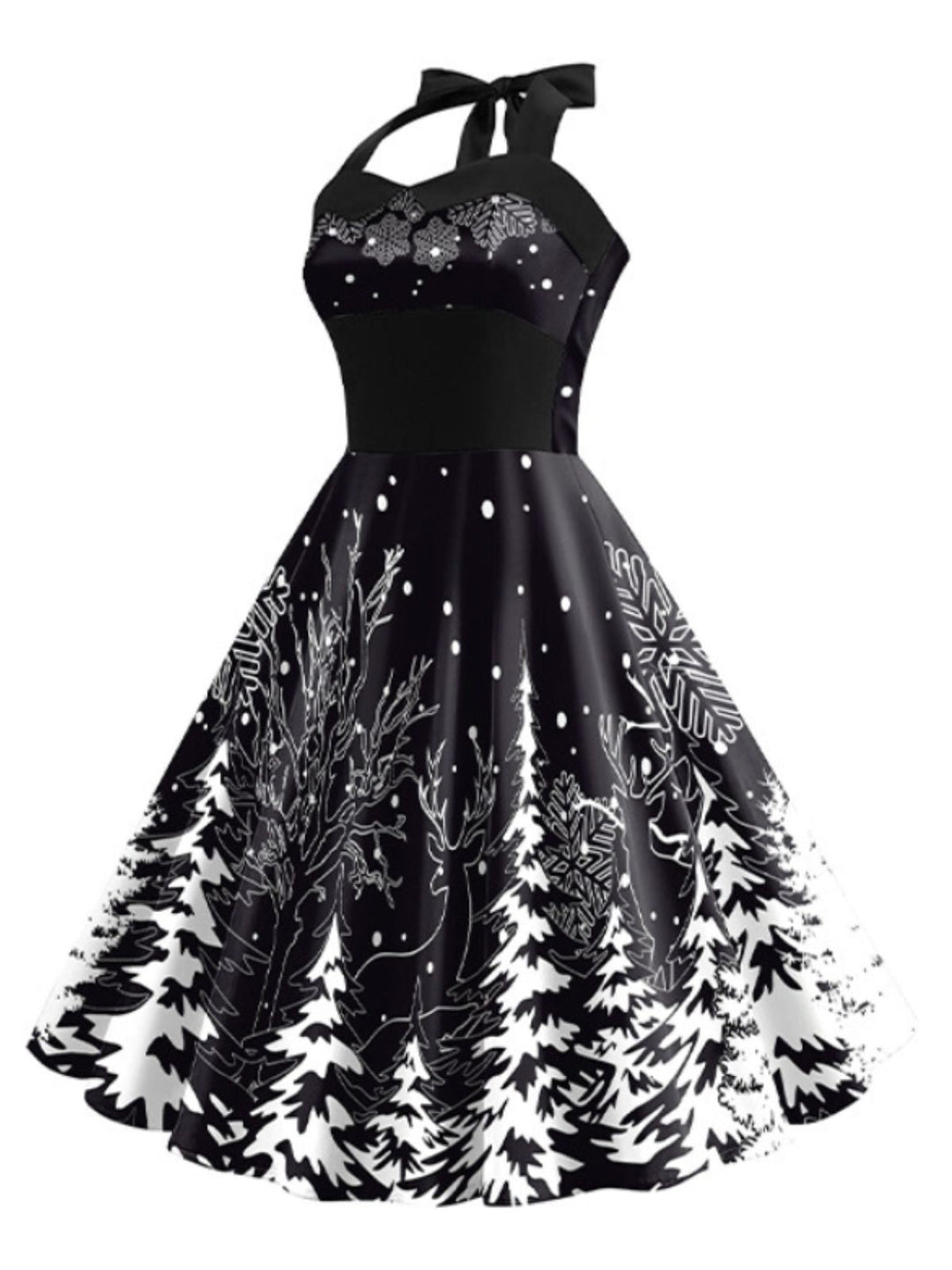 Black 1950s Christmas Halter Swing Dress — vintage elegance for the modern woman