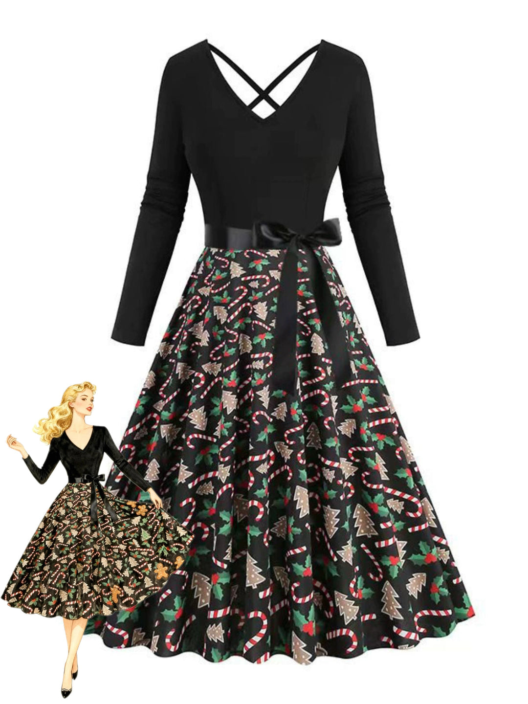 Black 1950s Christmas Print V-Neck Cross Back Dress - vintage dress, retro fashion, rockabilly