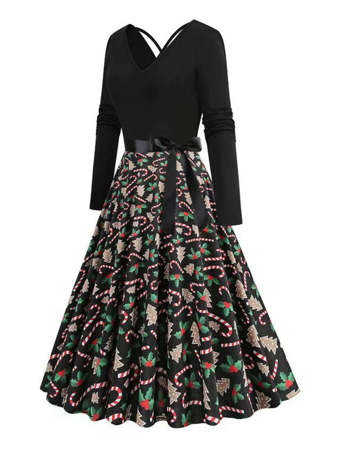 Black 1950s Christmas Print V-Neck Cross Back Dress - vintage dress, retro fashion, rockabilly
