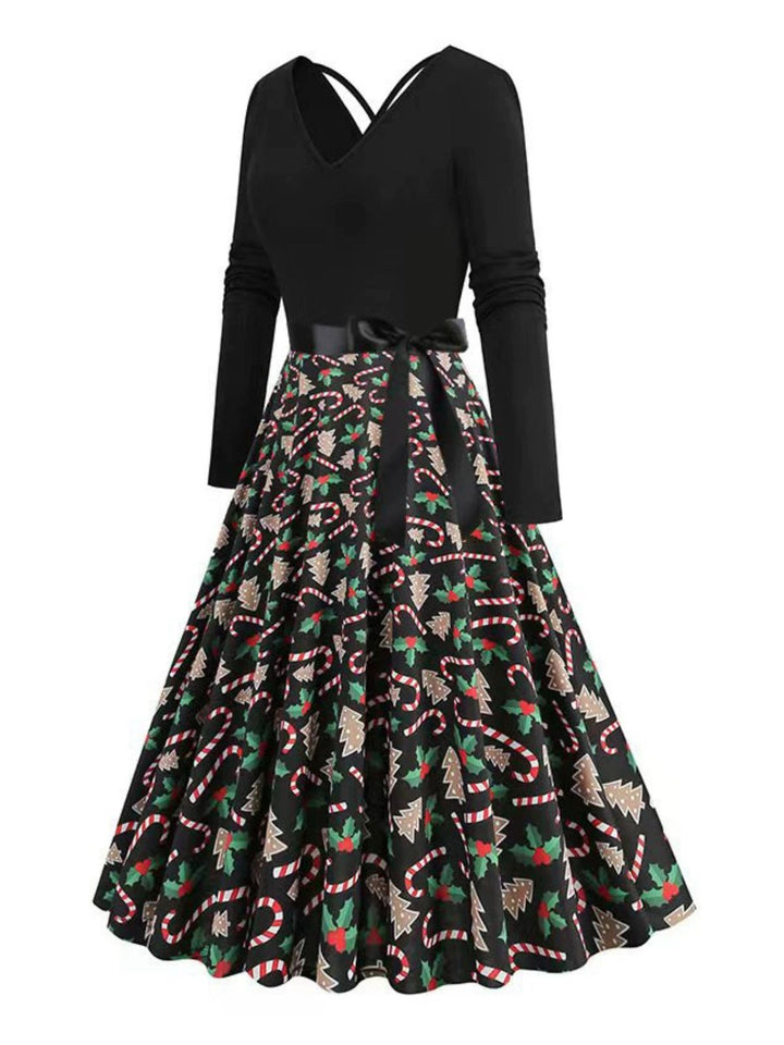 Black 1950s Christmas Print V-Neck Cross Back Dress - vintage dress, retro fashion, rockabilly