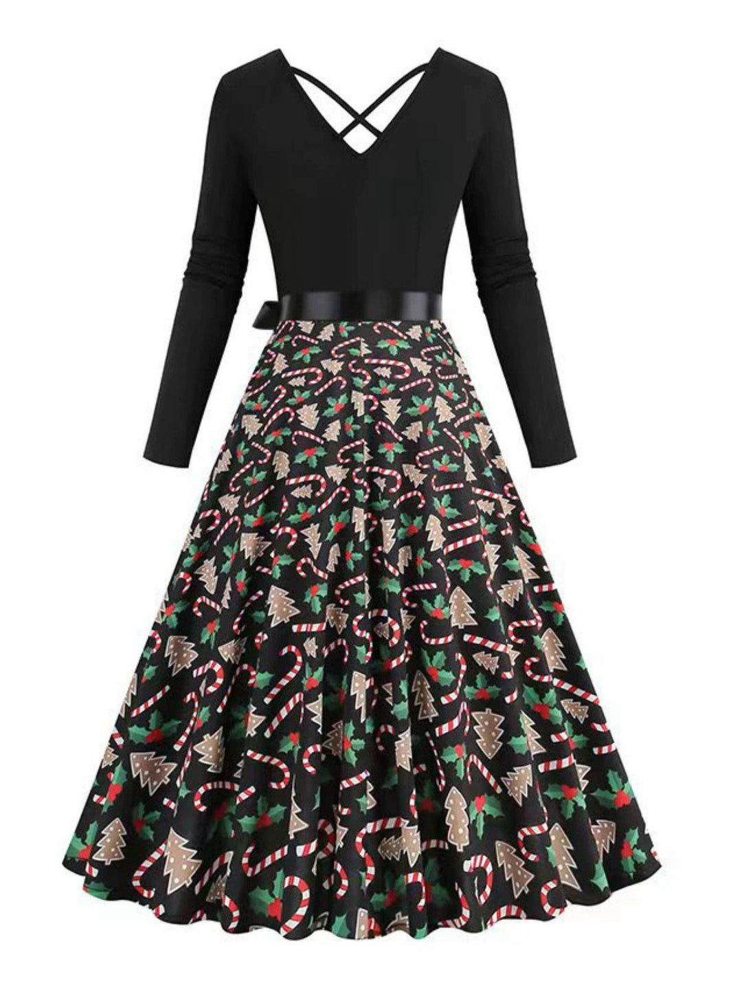 Black 1950s Christmas Print V-Neck Cross Back Dress - vintage dress, retro fashion, rockabilly