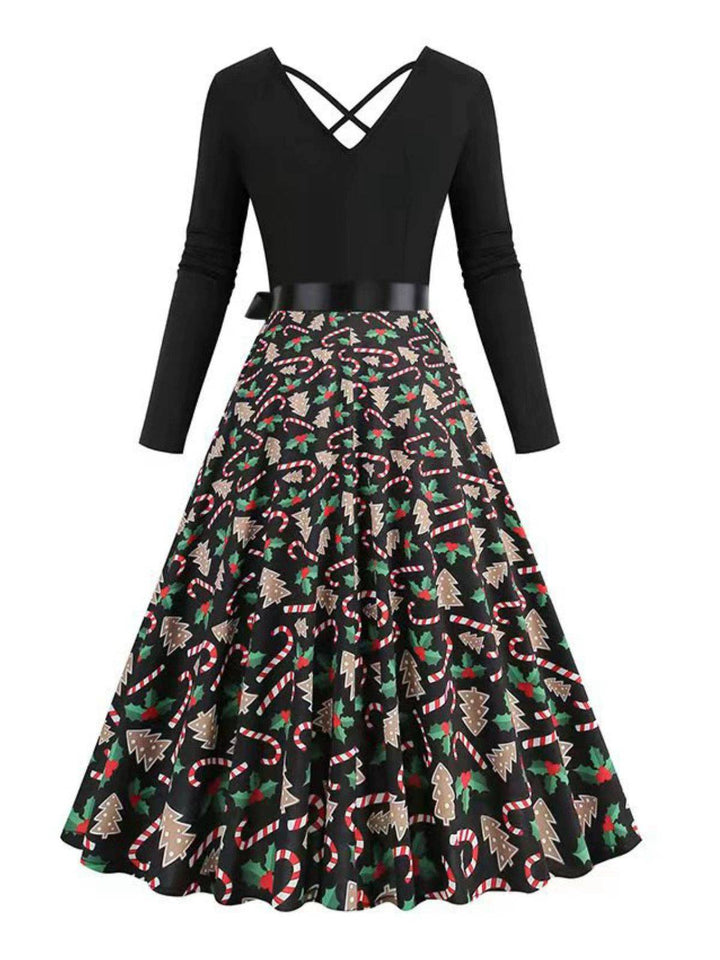 Black 1950s Christmas Print V-Neck Cross Back Dress - vintage dress, retro fashion, rockabilly