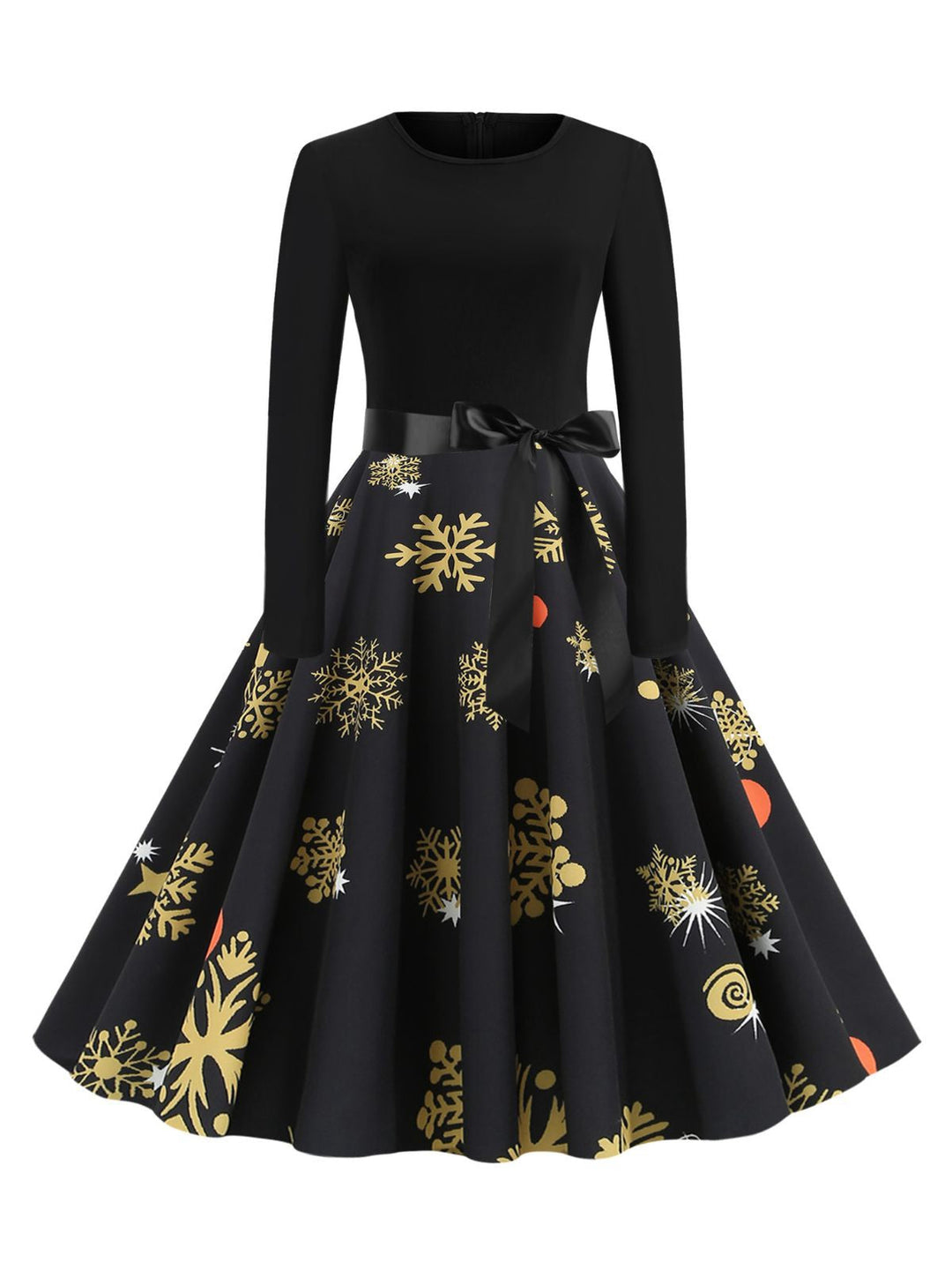 Black 1950s Christmas Snowflake Ribbon Belt Dress - vintage dress, retro fashion, rockabilly