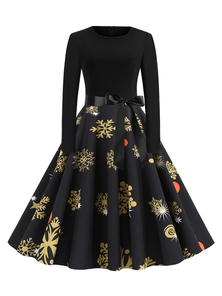 Black 1950s Christmas Snowflake Ribbon Belt Dress - vintage dress, retro fashion, rockabilly