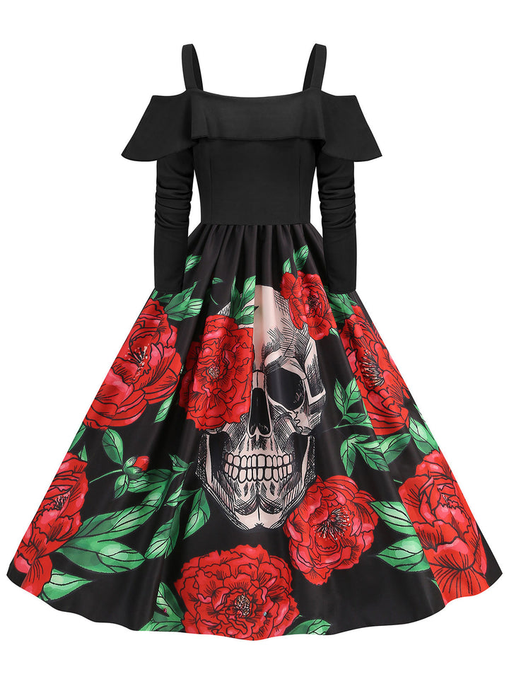 She slips into this Black 1950s Cold-Shoulder Halloween Skull Roses Dress and suddenly it&