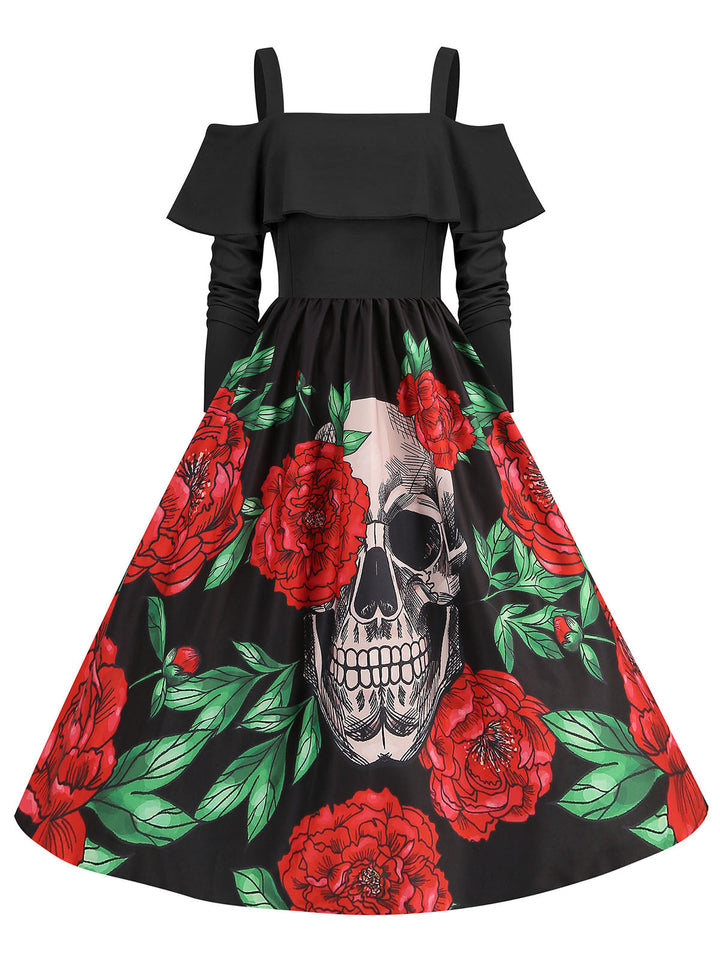 This Black 1950s Cold-Shoulder Halloween Skull Roses Dress wraps her in 1950s elegance, one twirl at a time